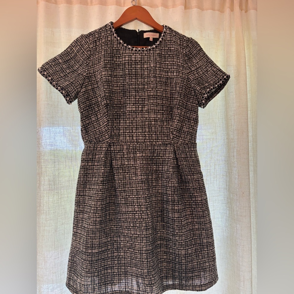 Solitaire - Black & White Tweed Mini Dress w/Pearl Lined Details